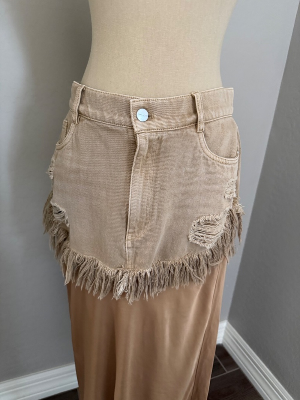 Anthropologie Pilcro Twofer Slip Tan Denim Midi Skirt Size 8 - Picture 6 of 8